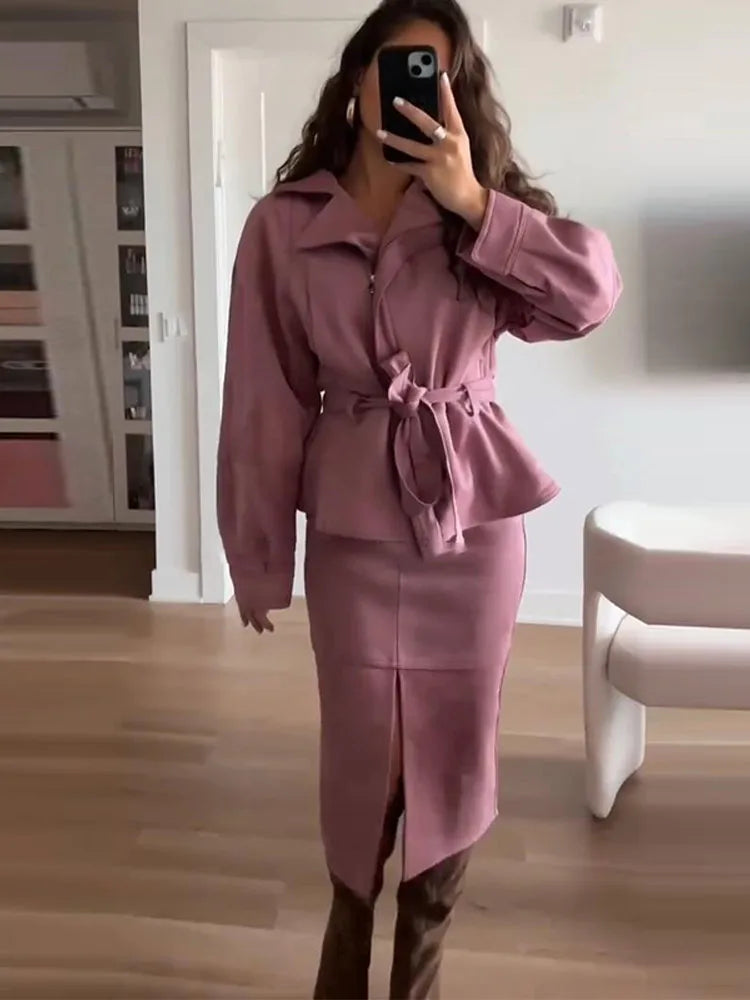 Lapel neck belted jacket with slit midi skirt two-piece set