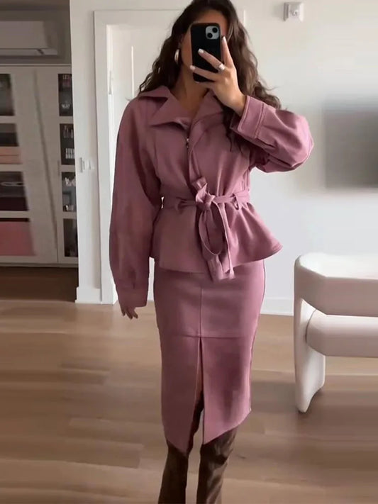 Lapel neck belted jacket with slit midi skirt two-piece set