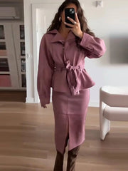 Lapel neck belted jacket with slit midi skirt two-piece set