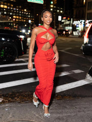 Red Cut-Out Bodycon Midi Dress with Ruched Flower Detail