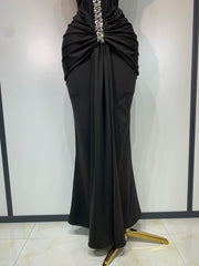 Off-the-shoulder Diamond Embellished Draped Ankle-Length Bandage Dress