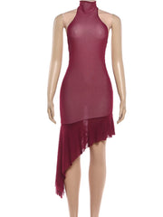 Mannequin wearing a burgundy dress with a high neckline and ruffled hem on a white background