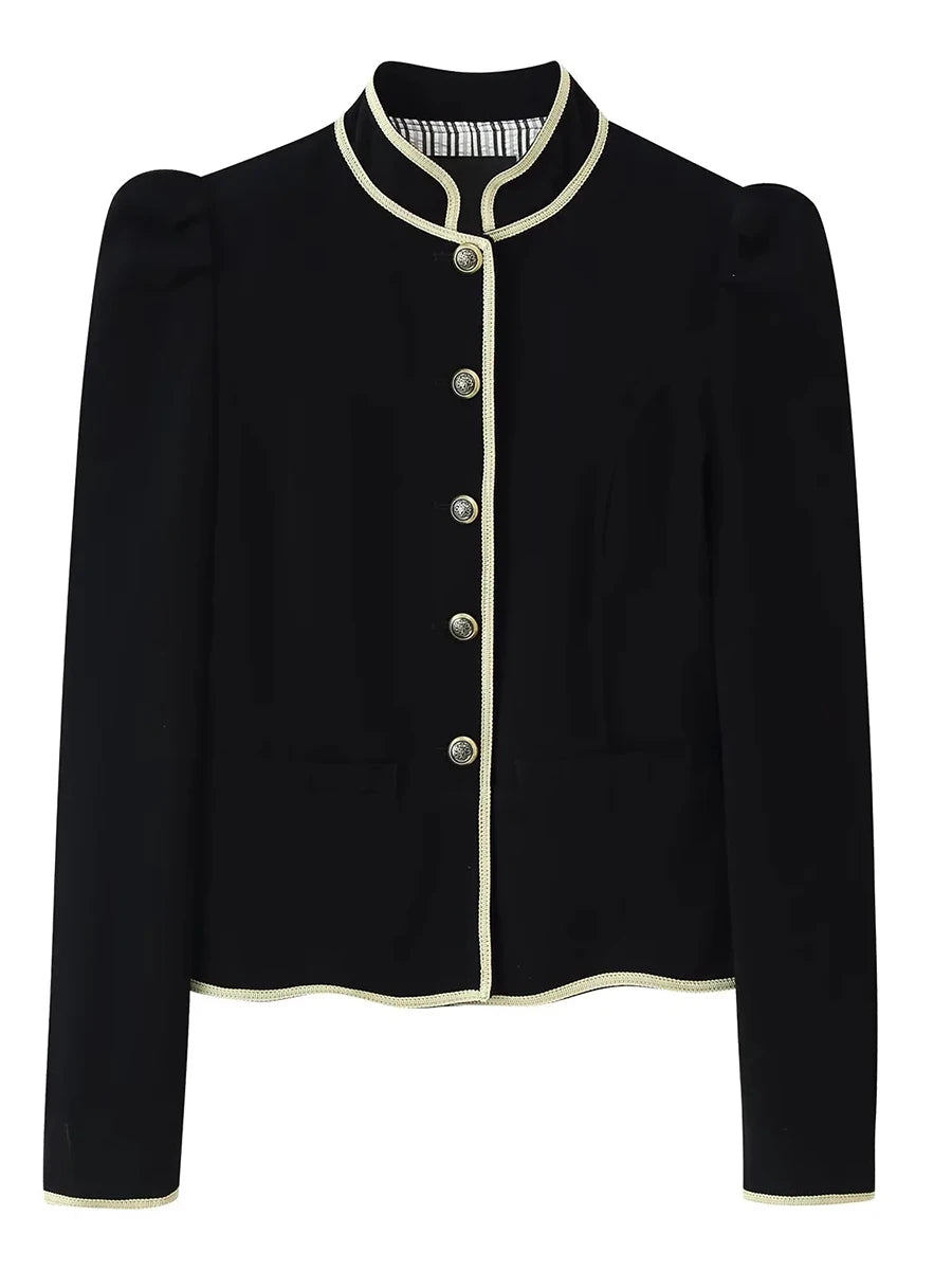 Front view of black trimmed stand collar jacket