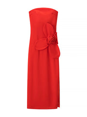 Red strapless dress with a floral detail