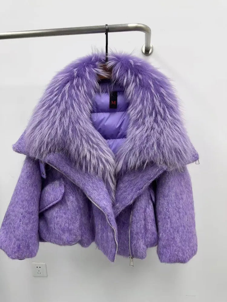 Purple coat with fur collar on a white background