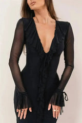 Ruffled Mesh Sleeve V-Neck Maxi Dress