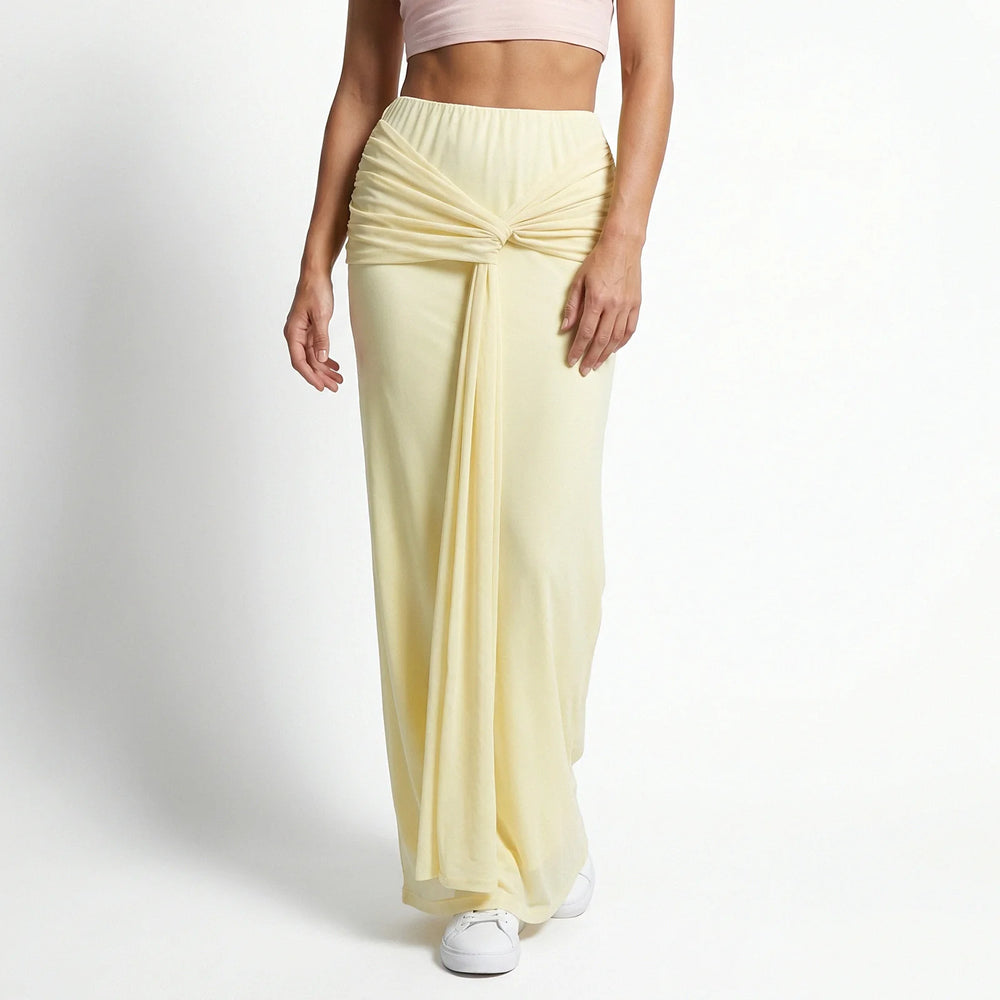 Draped knot front maxi skirt on a white background.