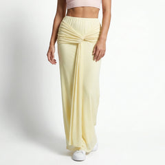 Draped knot front maxi skirt on a white background.