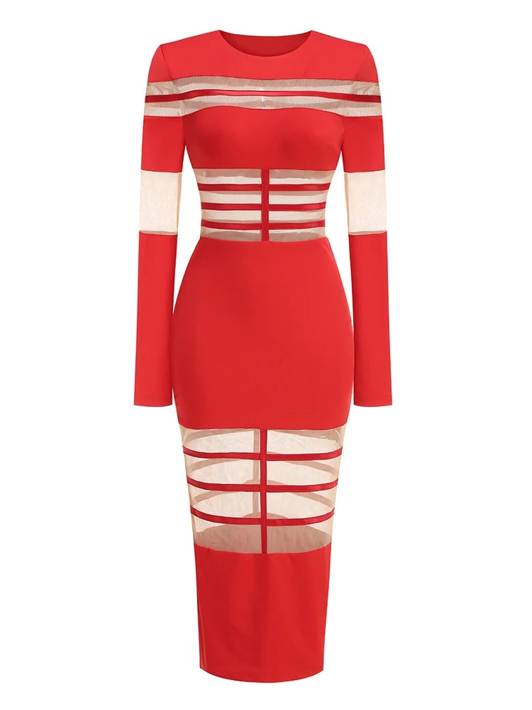 Red dress with mesh panels on a white background
