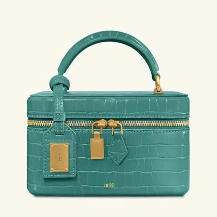 Teal embossed leather vanity case bag with gold hardware