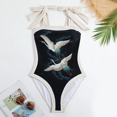 Tie-Strap V-Neck One-Piece Swimsuit with Matching Sarong Set
