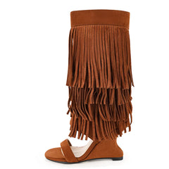 Fringe Layered Wedge Heel Boots