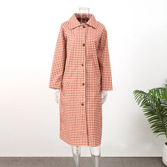 Red Gingham Lapel Long Trench Coat