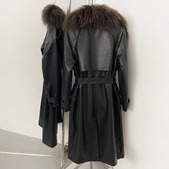 Long Faux Leather Belted Coat with Fur Collar