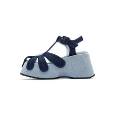 Denim Platform Flower T Strap Sandals