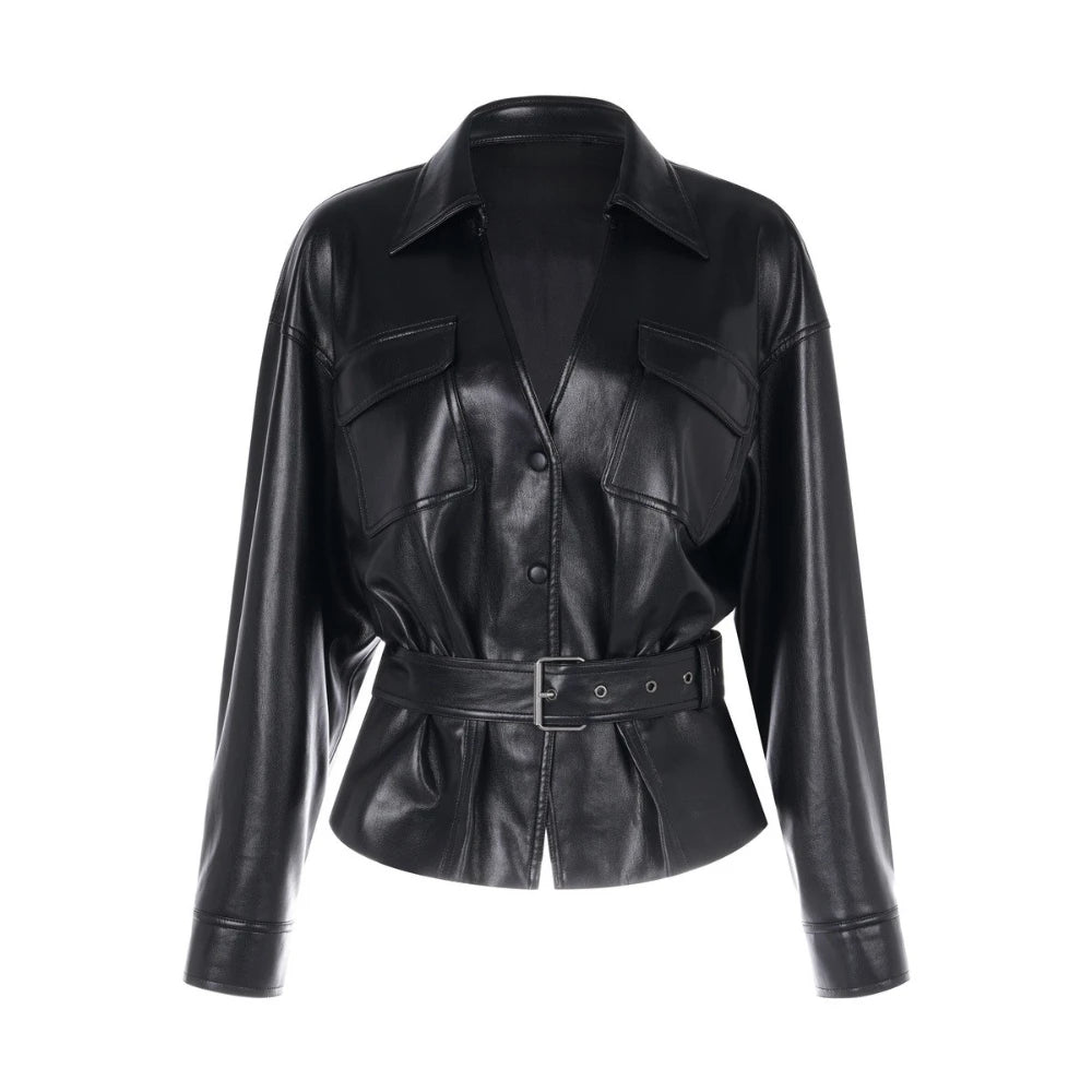Black leather jacket with a belt on a white background