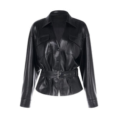 Pu Leather Short Wrap Buttoned Jacket