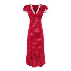 Red Polka Dot Midi Dress - Lace Trim V-Neck Holiday Robe