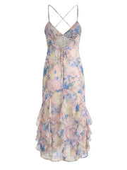 Watercolor print spaghetti strap trumpet hem ruffled gown detail view