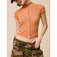 Button Decor Sheer Mock Neck Knit Top