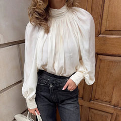 Ruched Button Up High Neck Shirt