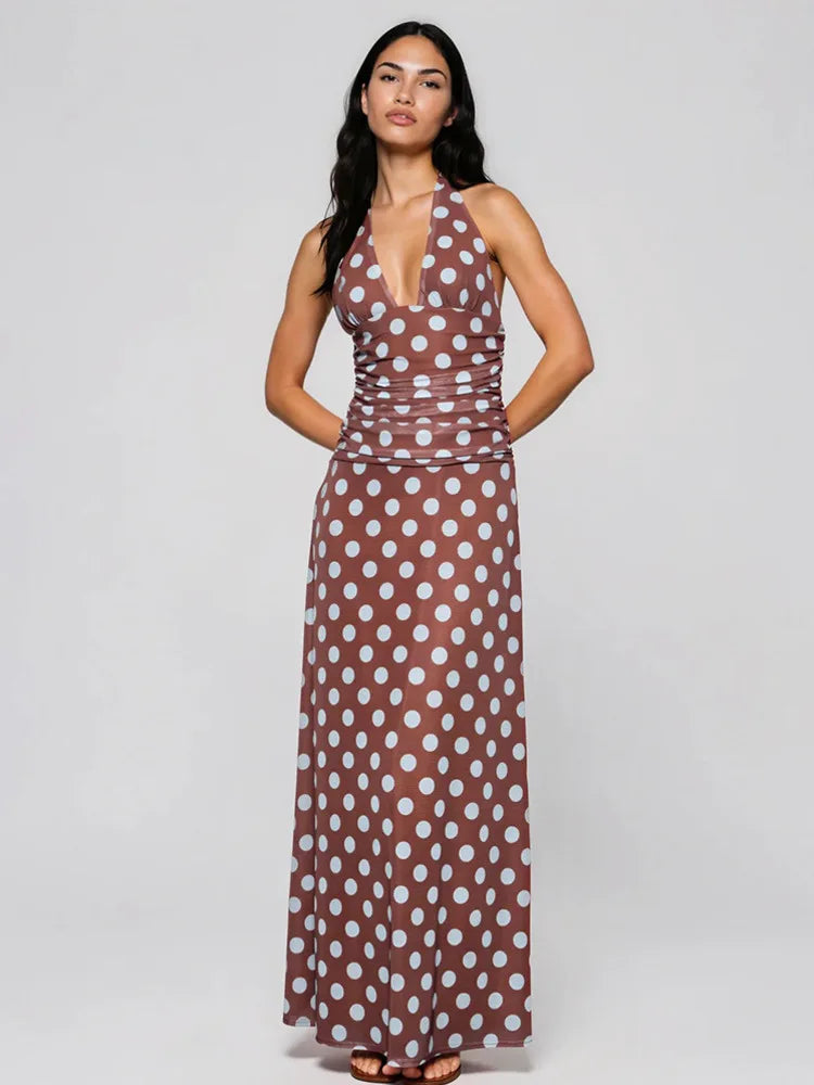 Polka dot deep v neck halter maxi dress front view