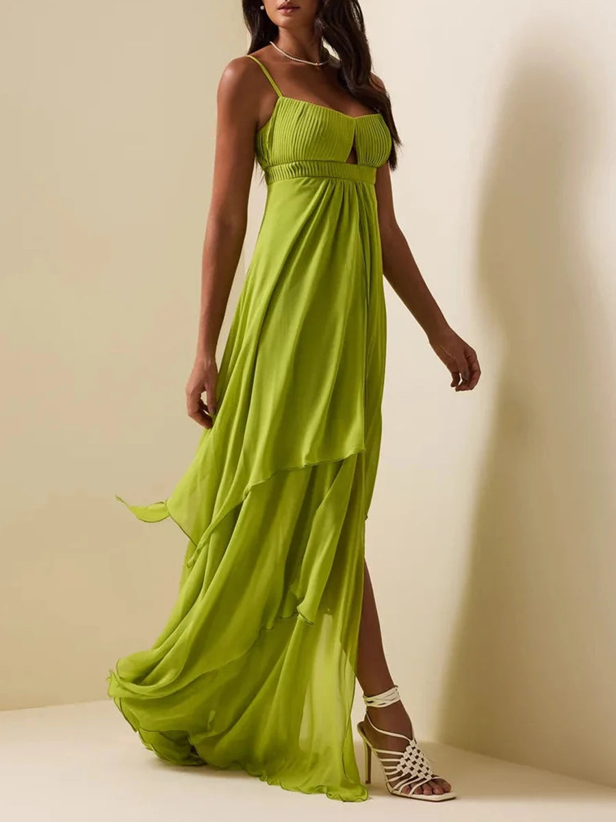 Green square neck maxi dress with a keyhole cutout and flowing skirt