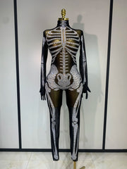 Skeleton rhinestone mesh jumpsuit front view