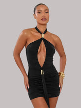 Halter neck cutout ruched black mini dress