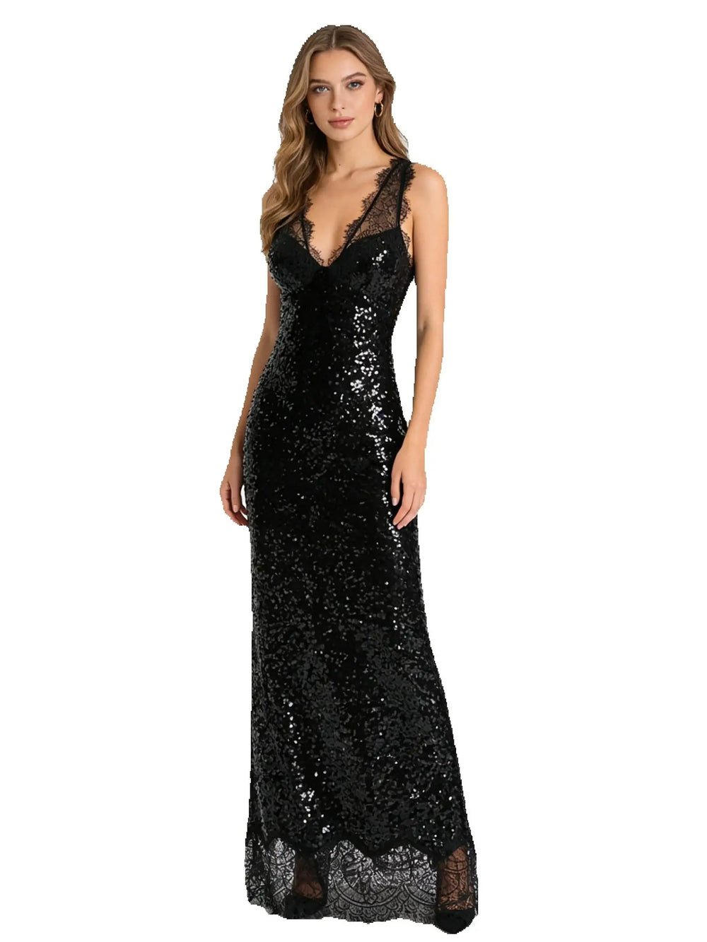 V-neck sleeveless lace trim sequin maxi dress on model