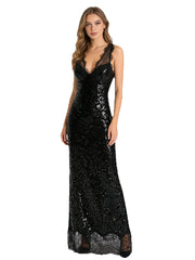 V-neck sleeveless lace trim sequin maxi dress on model