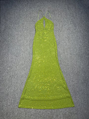 Green Rhinestone Halter Neck Maxi Dress