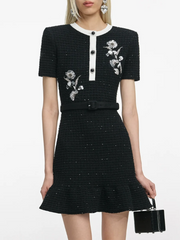 Knitted mini dress with floral embroidery and contrast placket