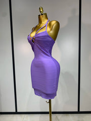 Purple crisscross halter mini dress side view