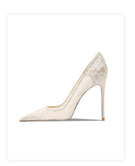 White high-heeled shoe with lace detail on a white background