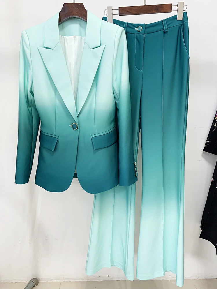 Green and light blue gradient ombre blazer and flare pants suit displayed on hangers