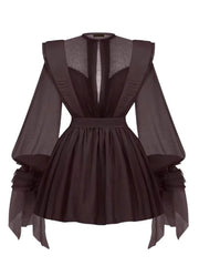 Dark brown dress with sheer sleeves and back on a white background