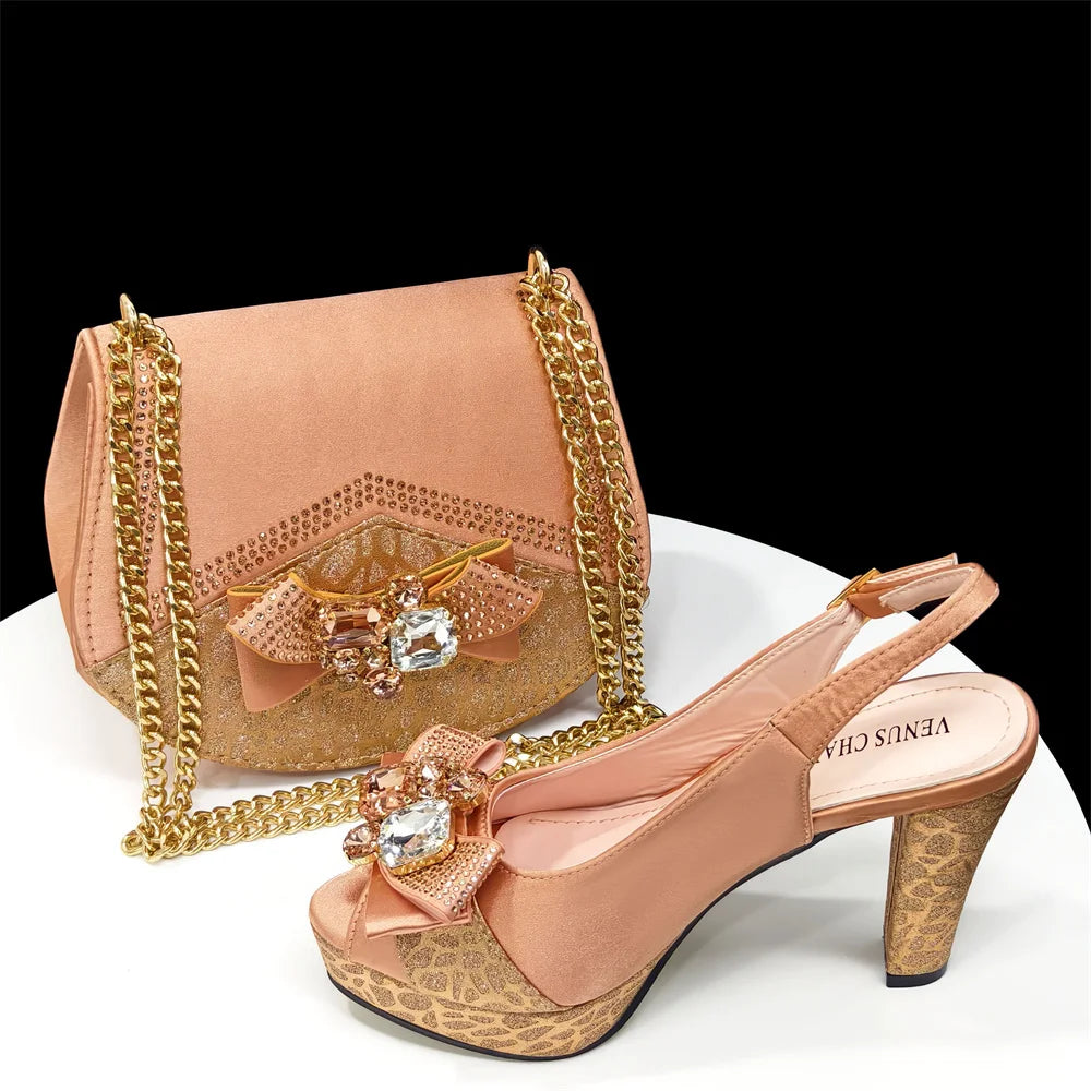 Pink high-heeled shoes and matching handbag with decorative elements on a white surface.