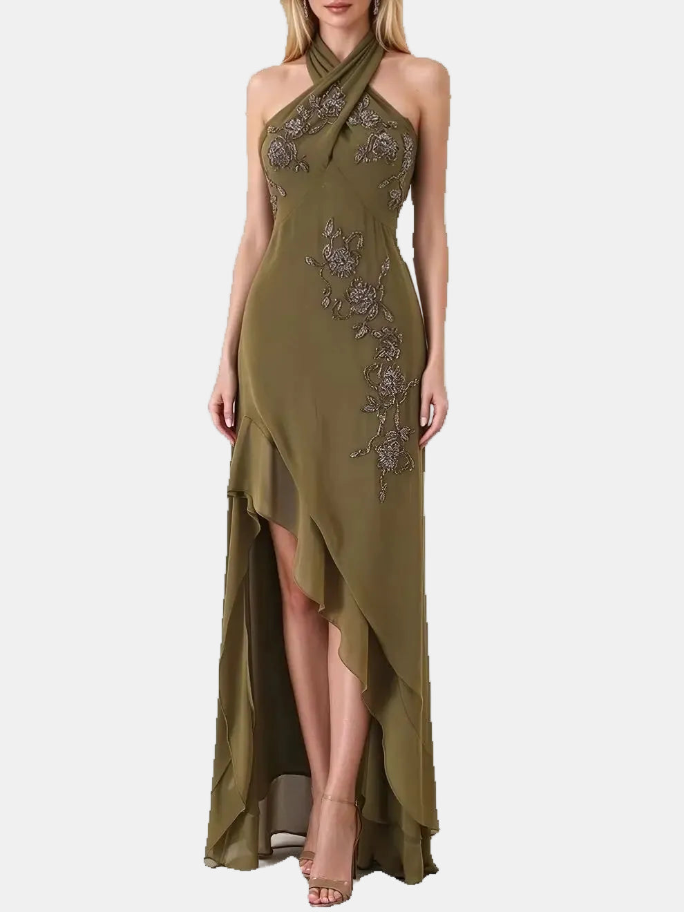 An olive green halter-neck maxi dress with floral embroidery and beadwork, featuring a high-low ruffled hem and a thigh-high slit, shown on a model against a white background.