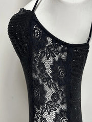 Black Rhinestone Lace Side Patchwork Spaghetti Strap Maxi Dress