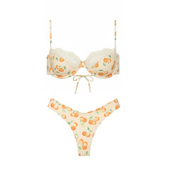 Underwire bikini top and bikini bottoms with cherry print and lace trim.