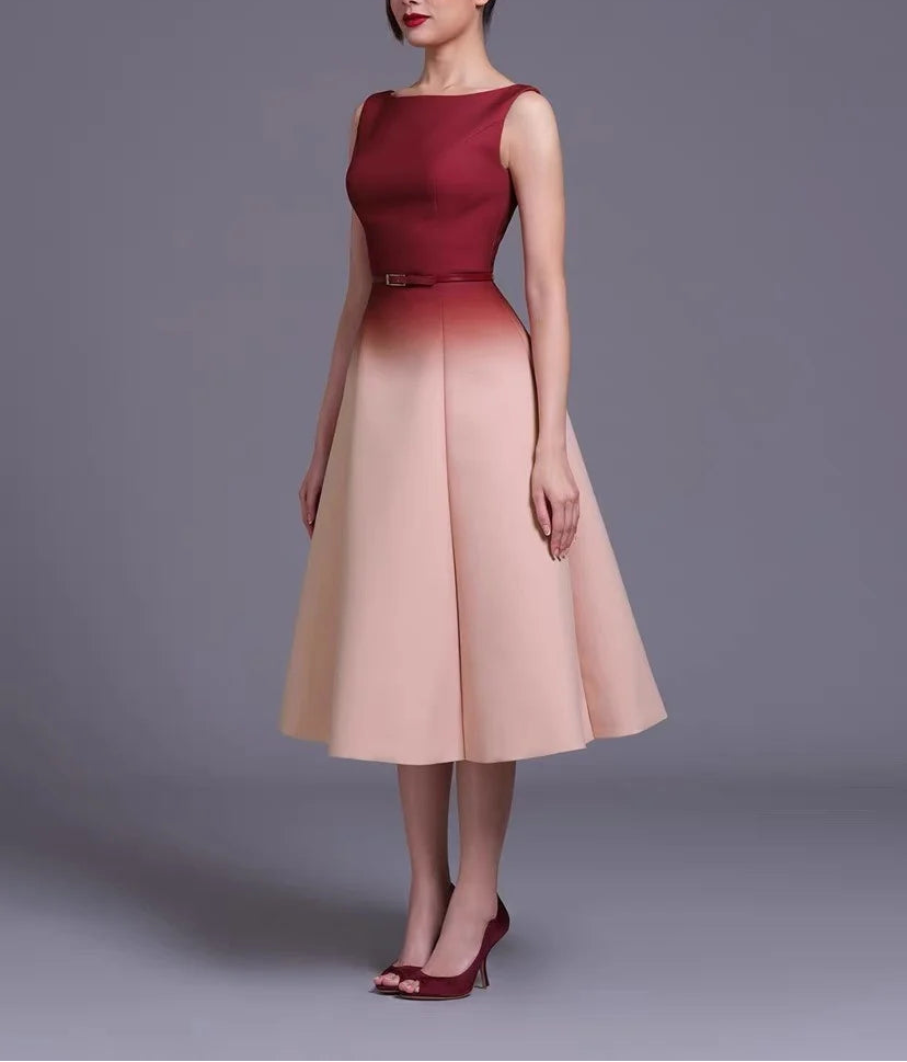 Elegant A-line midi dress with smooth finish, sleeveless cut, and soft ombre color fade
