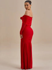 Off-Shoulder Rose Ruched Bodycon Maxi Dress