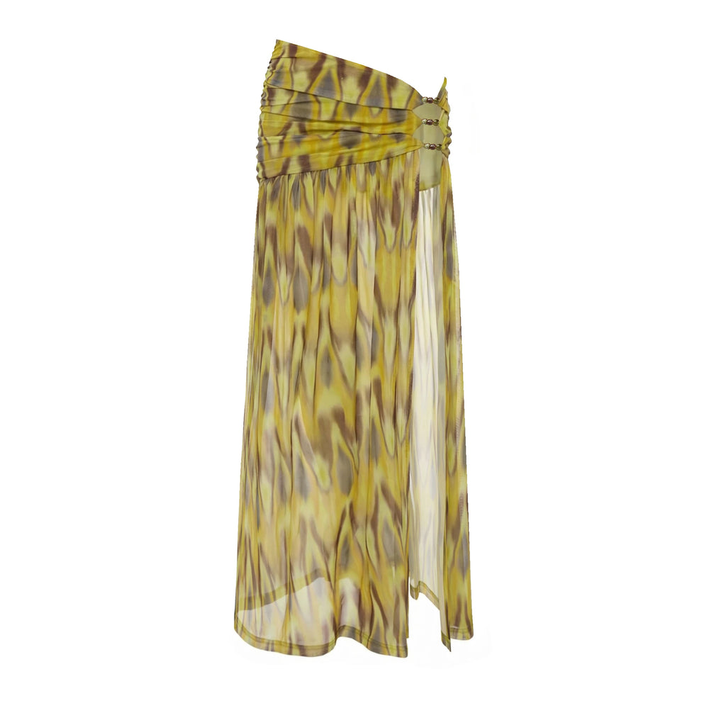 Flowing sheer maxi skirt with tie-dye pattern and embellished waist.