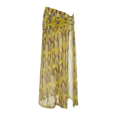 Flowing sheer maxi skirt with tie-dye pattern and embellished waist.