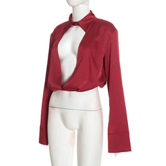 Satin Front Hollow Out Draped Long Sleeve Shirt