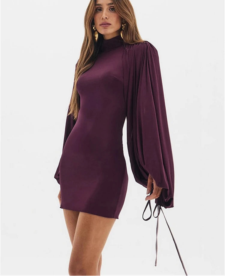 Fuchsia puff sleeve turtleneck mini dress
