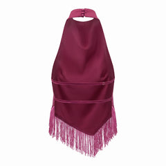 Pink halter top with fringe details on a white background