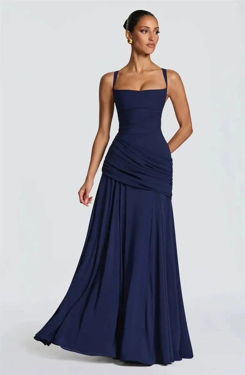 Deep blue square neck drape waist floor-length dress