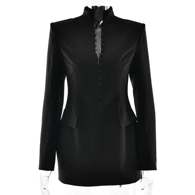 Black blazer on a mannequin with a white background